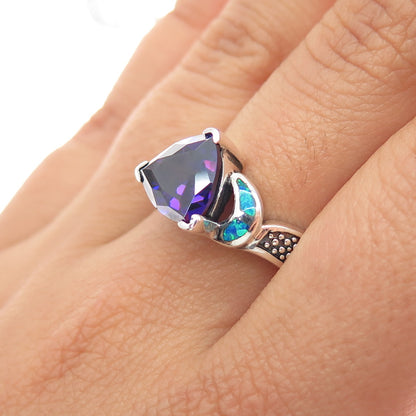 925 Sterling Silver Vintage Real Amethyst & Opal Ring Size 7.25
