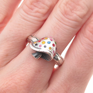 925 Sterling Silver Vintage Enamel Mushroom Oxidized Ring Size 9
