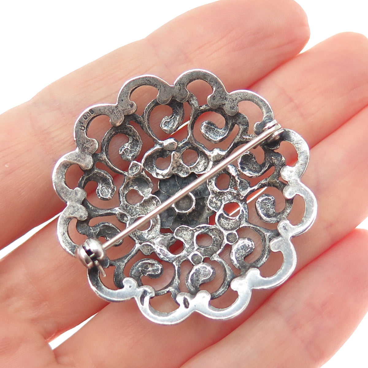 800 Silver Antique European Flower Swirl Oxidized Pin Brooch