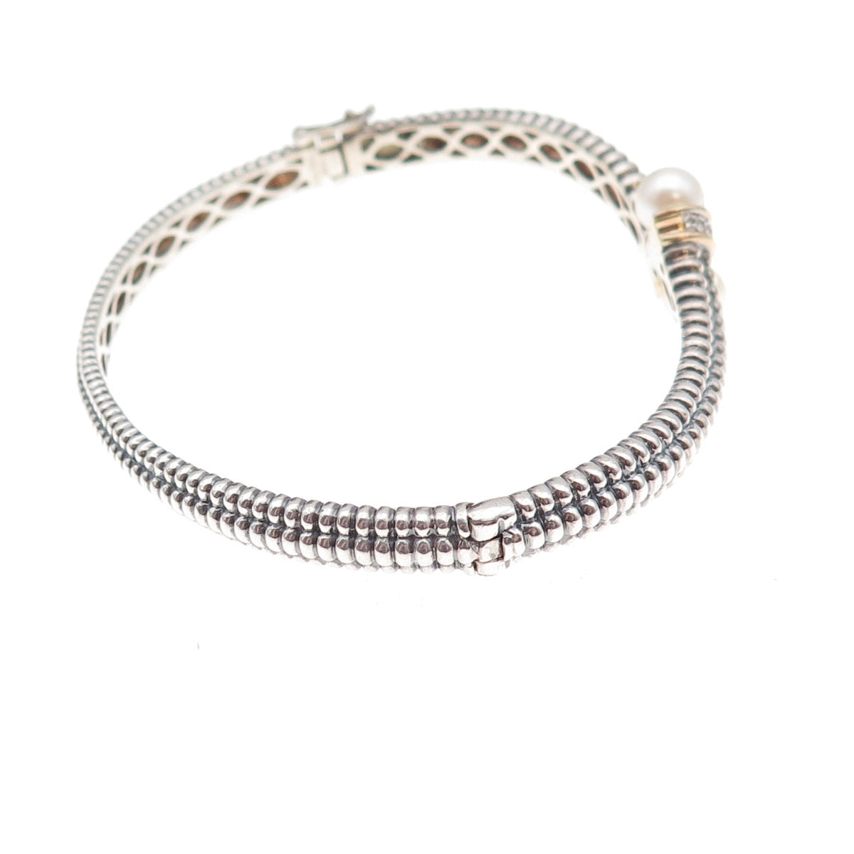 Town & Country 925 Sterling 14K Gold Real Diamond & Pearl Bangle Bracelet 6.75"
