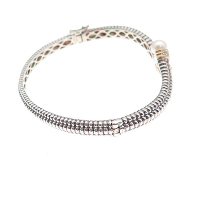 Town & Country 925 Sterling 14K Gold Real Diamond & Pearl Bangle Bracelet 6.75"