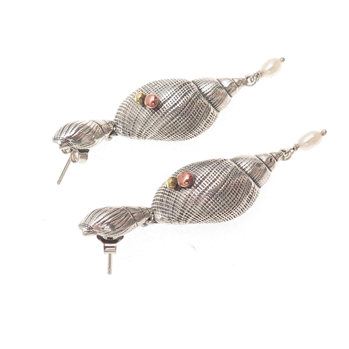 925 Sterling Silver 3-Tone Vintage Real Pearl Seashell Oxidized Dangle Earrings