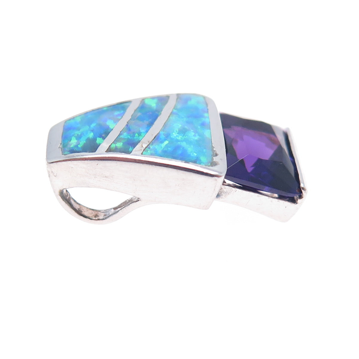 925 Sterling Silver Vintage Real Opal & Amethyst Mini Slide Charm Pendant