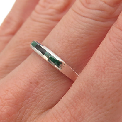 Old Pawn 925 Sterling Silver Vintage Black Onyx & Malachite Tribal Ring Size 7