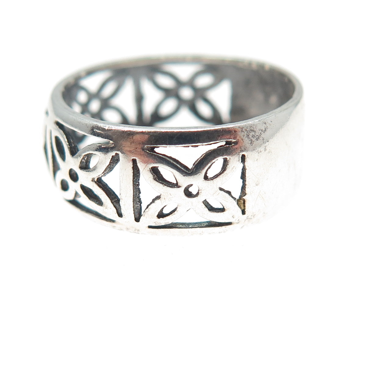 925 Sterling Silver Vintage Modernist Flower Oxidized Band Ring Size 8.25