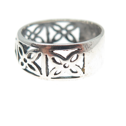 925 Sterling Silver Vintage Modernist Flower Oxidized Band Ring Size 8.25