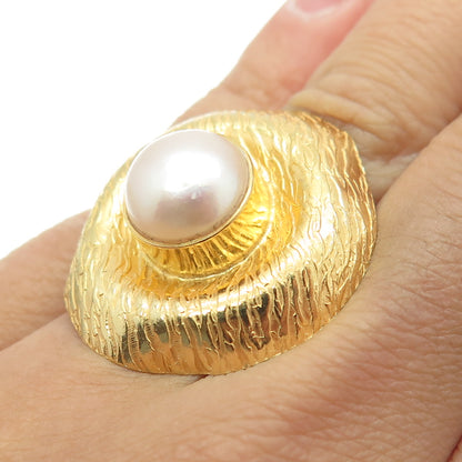 925 Sterling Silver Gold Plated Vintage Real Pearl Modernist Ring Size 6.5