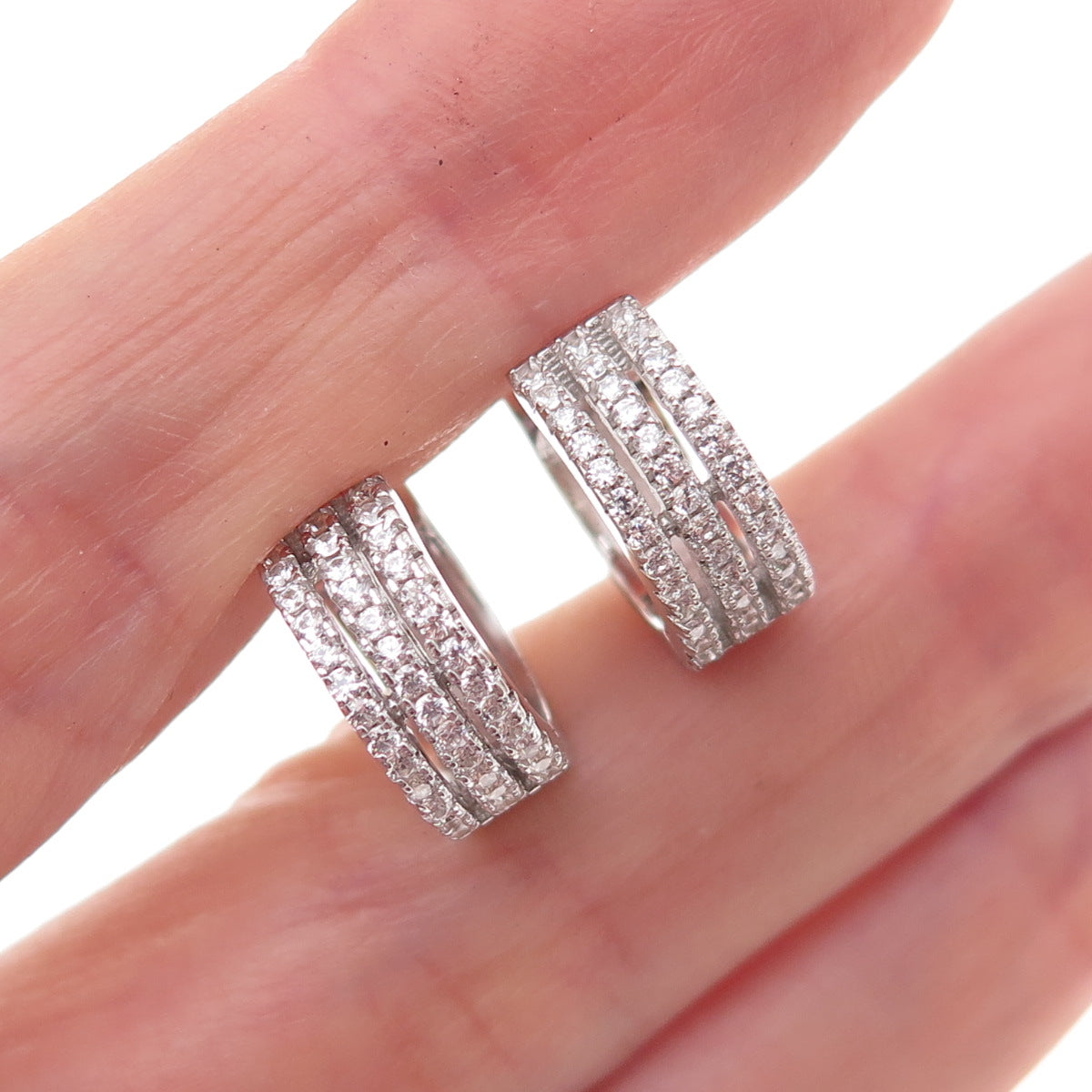 925 Sterling Silver Round-Cut C Z 3-Row Hoop Earrings