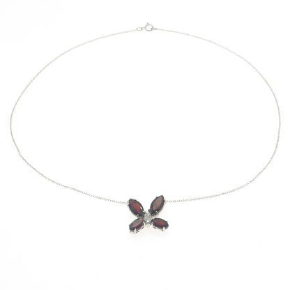 925 Sterling Silver Real White Diamond & Red Garnet Gem Butterfly Necklace 18"