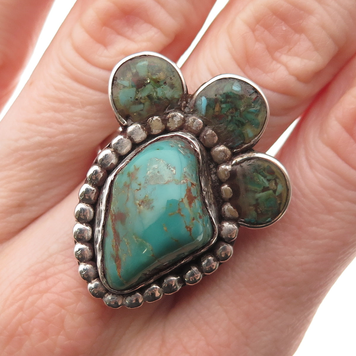 Old Pawn 925 Sterling Silver Vintage Kingman Turquoise Inlay Tribal Ring Size 8