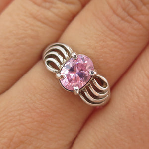 925 Sterling Silver Vintage Oval-Cut Pink C Z Modernist Ring Size 7