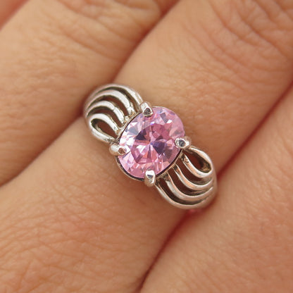 925 Sterling Silver Vintage Oval-Cut Pink C Z Modernist Ring Size 7
