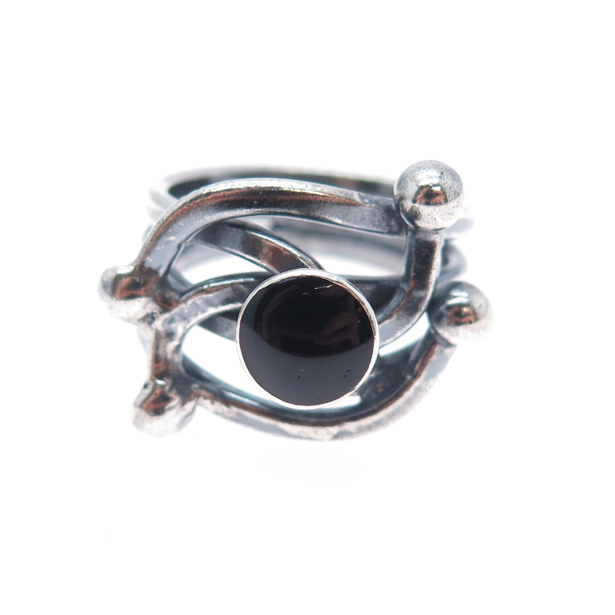 925 Sterling Silver Vintage Real Black Onyx Modernist Oxidized Ring Size 9.25