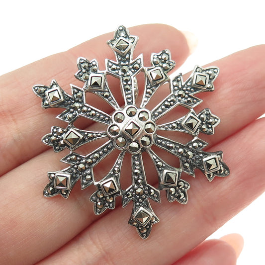 925 Sterling Silver Vintage Real Marcasite Gemstone Snowflake Pendant