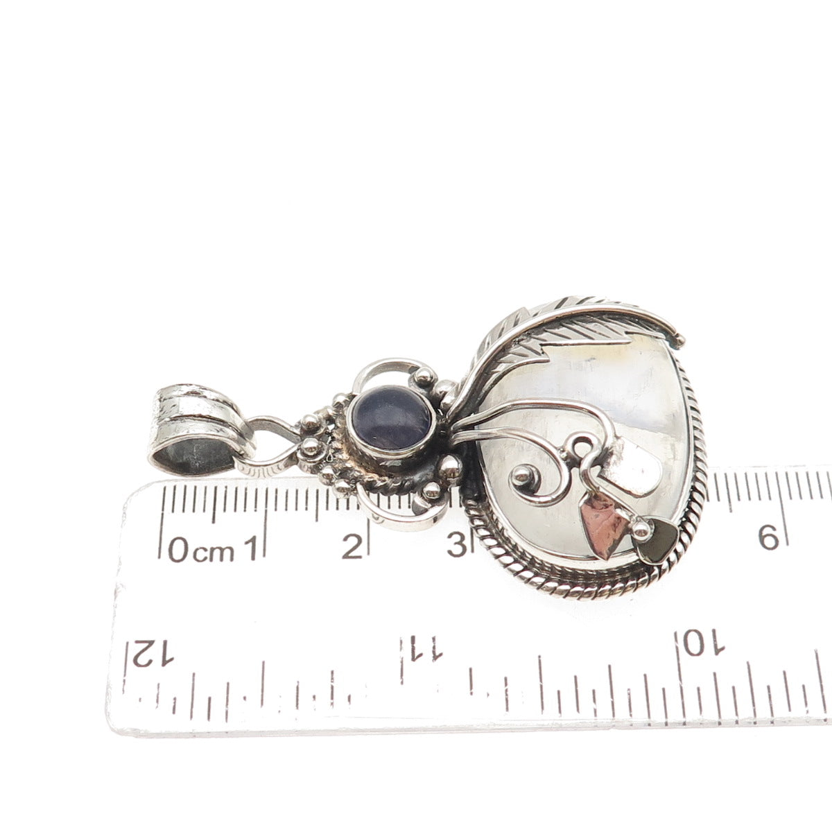 925 Sterling Silver Vintage Real Moonstone & Iolite Feather Large 22.4g Pendant