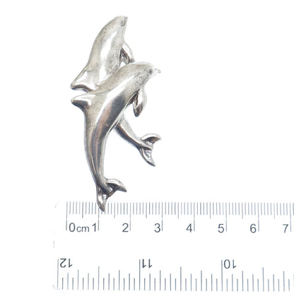 925 Sterling Silver Vintage Mexico Dolphin Couple Oxidized Pin Brooch