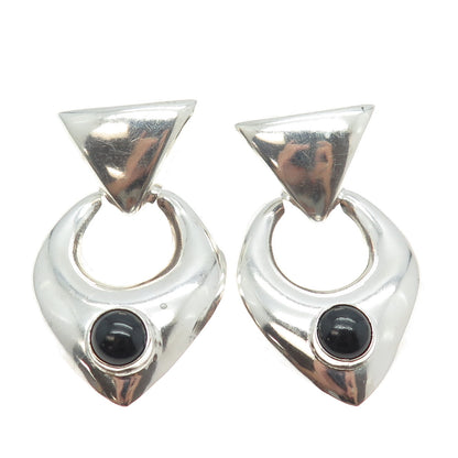 925 Sterling Silver Vintage Mexico Real Black Onyx Gem Door Knocker Earrings