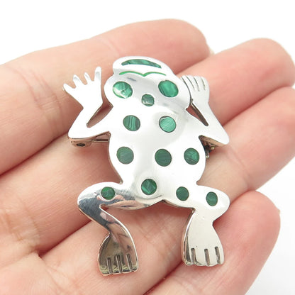 925 Sterling Silver Vintage Mexico Malachite Gem Frog for Good Luck Pin Brooch