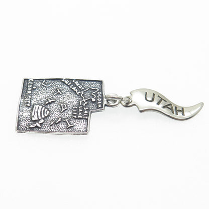925 Sterling Silver Vintage Utah State Map Oxidized Minimalist Charm Pendant
