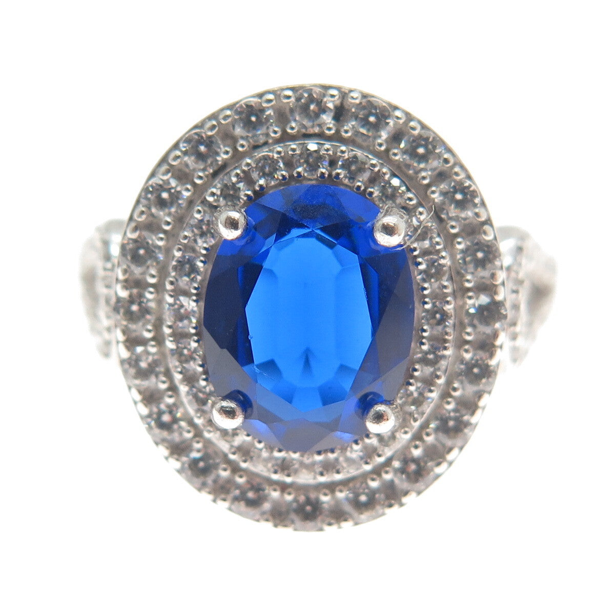 925 Sterling Silver Blue Oval-Cut & White Round-Cut Shaped C Z Ring Size 7