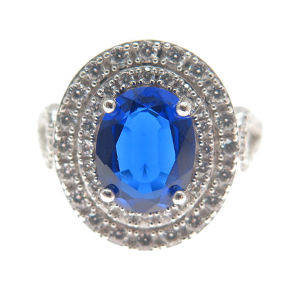 925 Sterling Silver Blue Oval-Cut & White Round-Cut Shaped C Z Ring Size 7