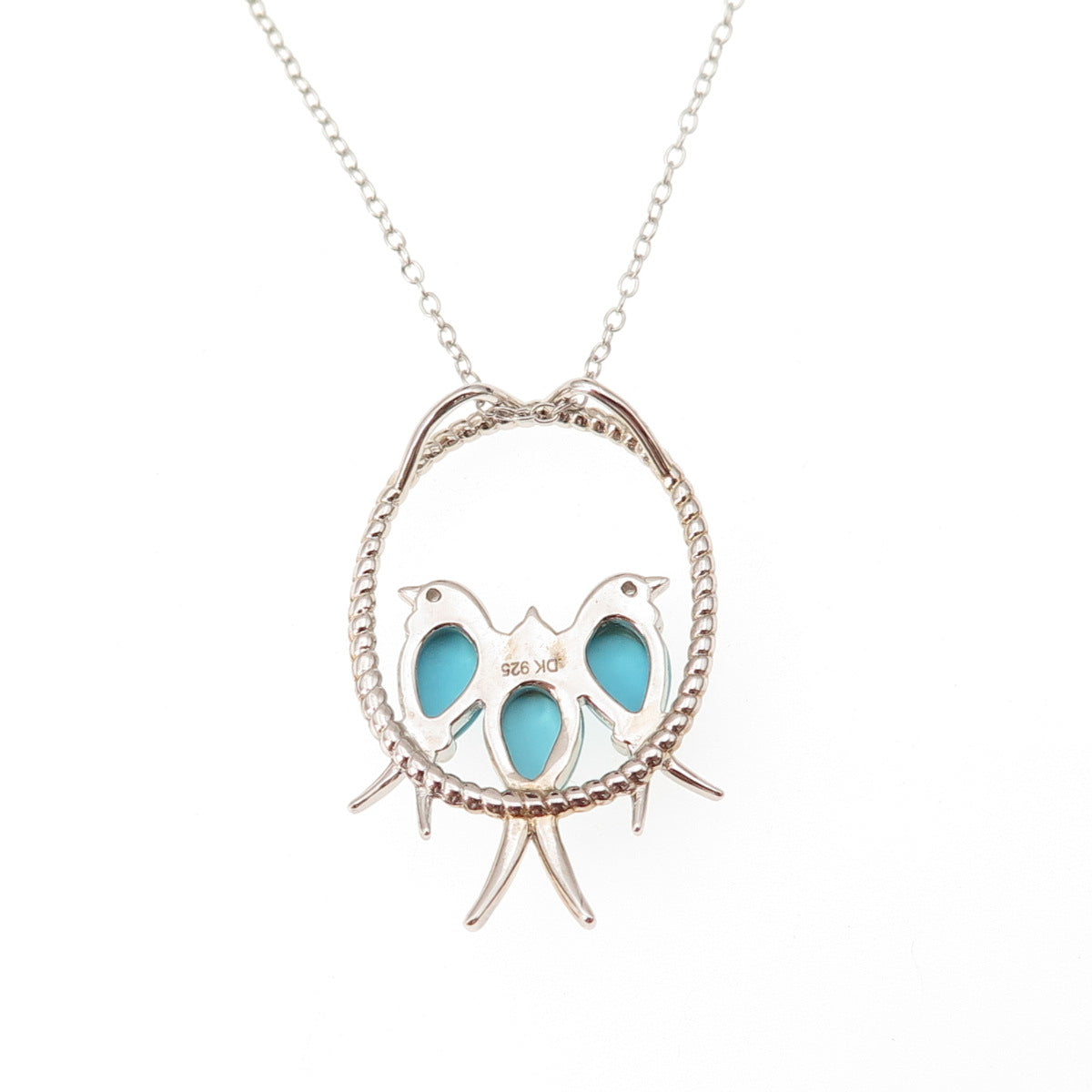 925 Sterling Silver Real Turquoise & White Topaz Birds Cable Chain Necklace 18"