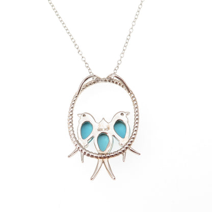 925 Sterling Silver Real Turquoise & White Topaz Birds Cable Chain Necklace 18"