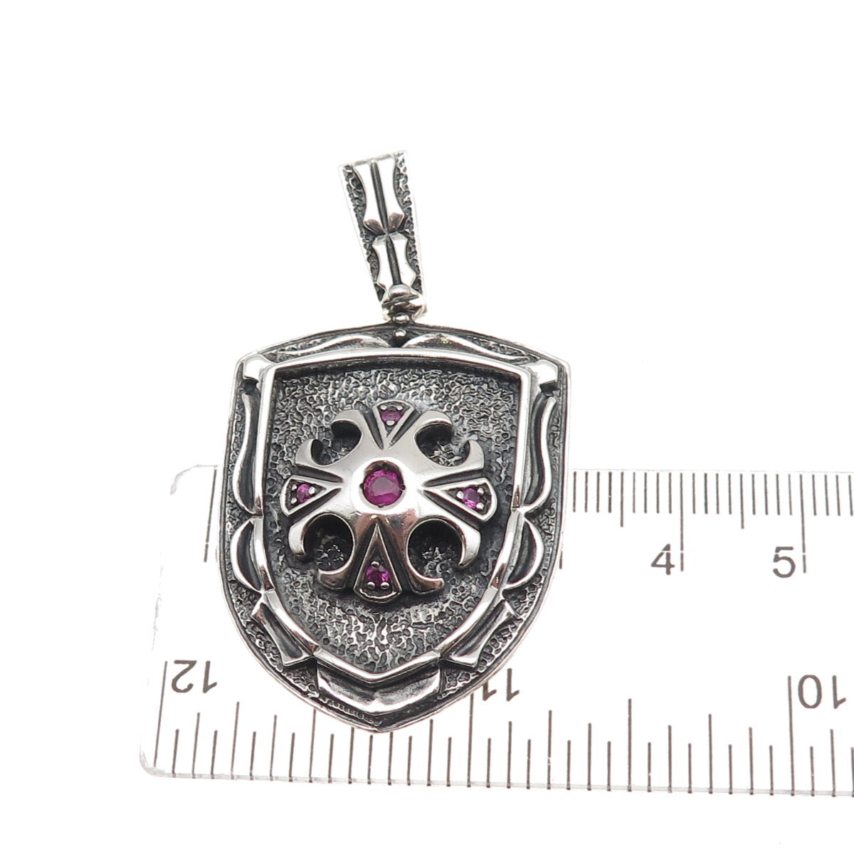 Jolusa 925 Sterling Silver Black Rhodium Real Ruby Floral Cross Shield Pendant