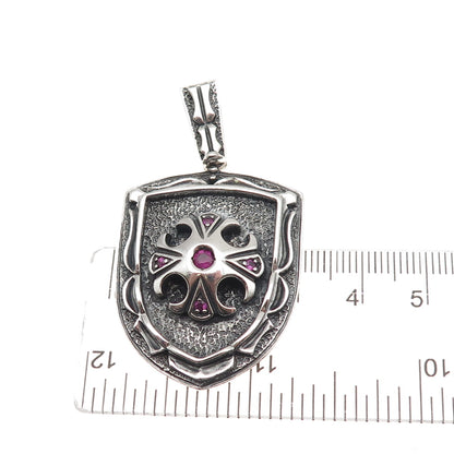Jolusa 925 Sterling Silver Black Rhodium Real Ruby Floral Cross Shield Pendant