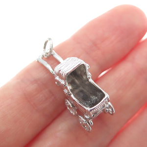 SPENCER 925 Sterling Silver Antique Baby Carriage Minimalist 3D Charm Pendant
