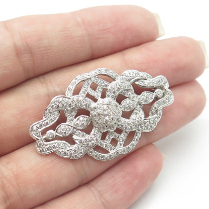 925 Sterling Silver White C Z Floral Vines Pin Brooch