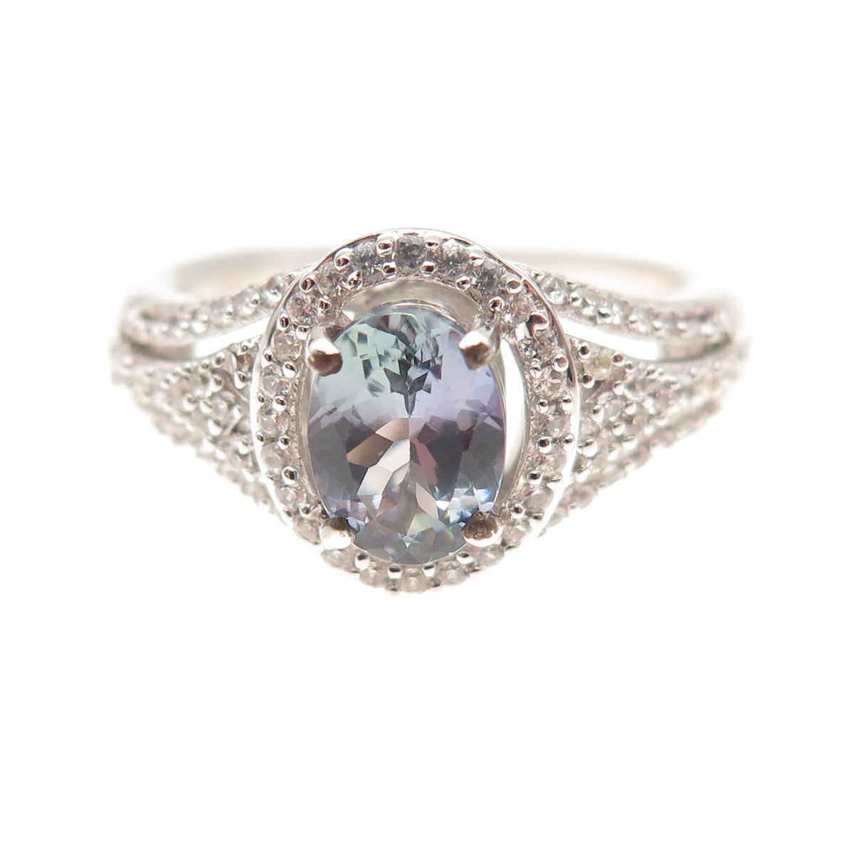 D'Joy 925 Sterling Silver Real Oval-Cut Iolite & White Topaz Ring Size 8