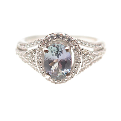 D'Joy 925 Sterling Silver Real Oval-Cut Iolite & White Topaz Ring Size 8