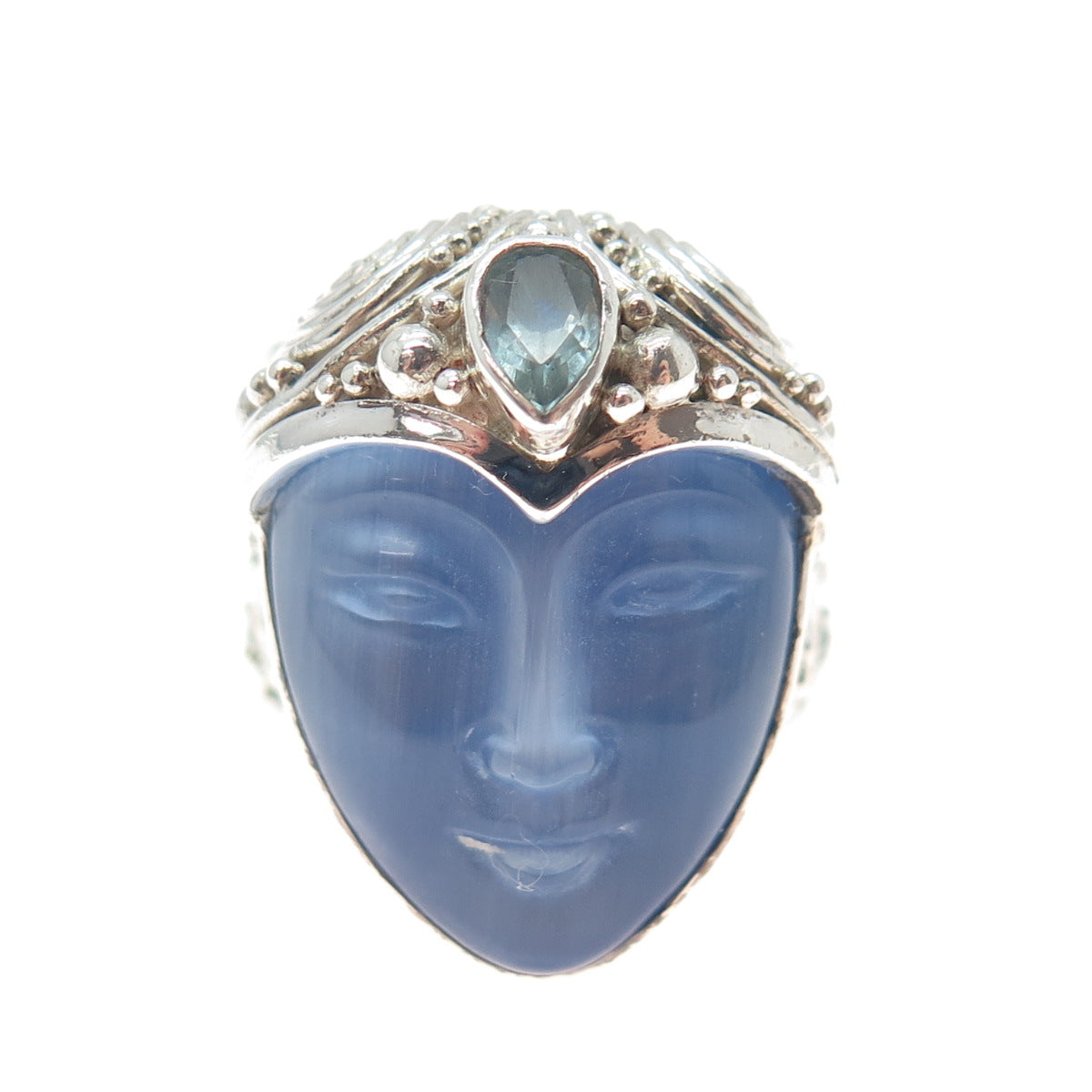 SAJEN 925 Sterling Vintage Topaz Optic Fiber Cat's Eye Adjustable Ring Size 9.75