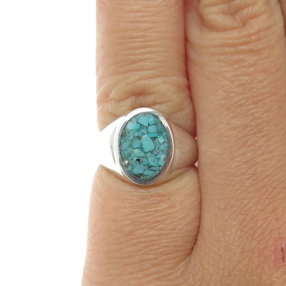 STULLER 925 Sterling Silver Vintage Real Turquoise Inlay Signet Ring Size 3