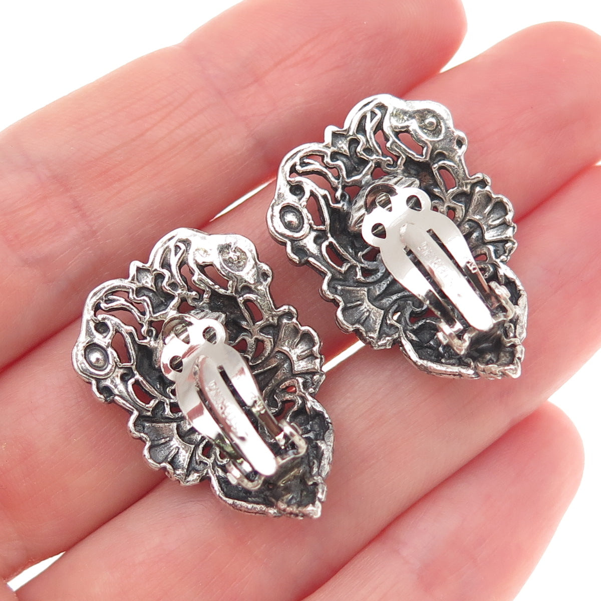 925 Sterling Silver Antique Art Deco Floral Oxidized Clip On Earrings