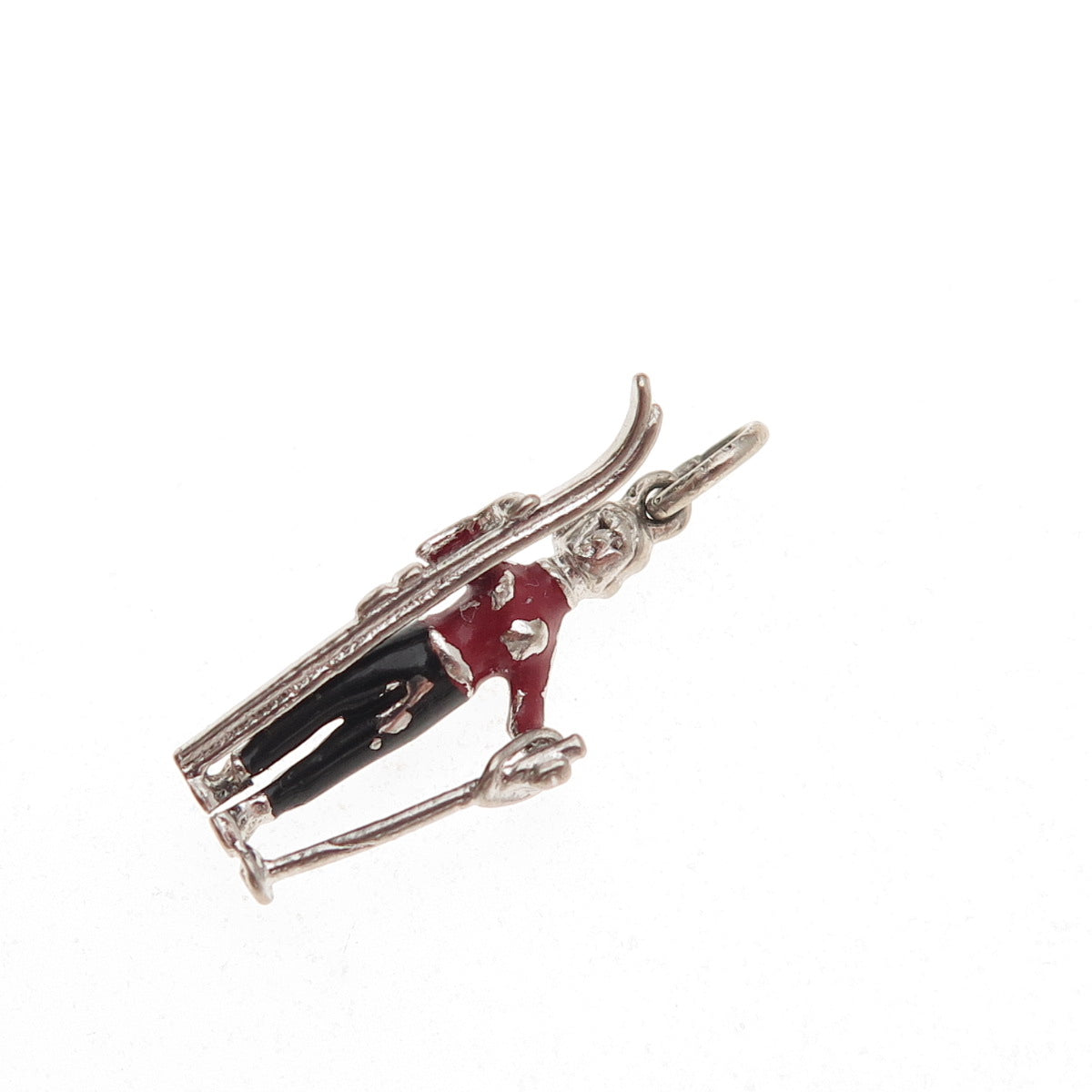 Wells Sterling Silver Antique Art Deco Enamel Female Skier Mini Charm Pendant