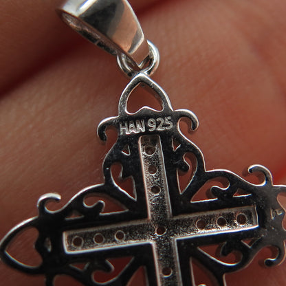 HAN 925 Sterling Silver Real Round-Cut Diamond Cross Charm Pendant