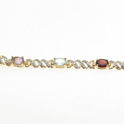 ROSS SIMONS 925 Sterling Silver 2-Tone Multi-Color Gem "X" Link Bracelet 7.25"