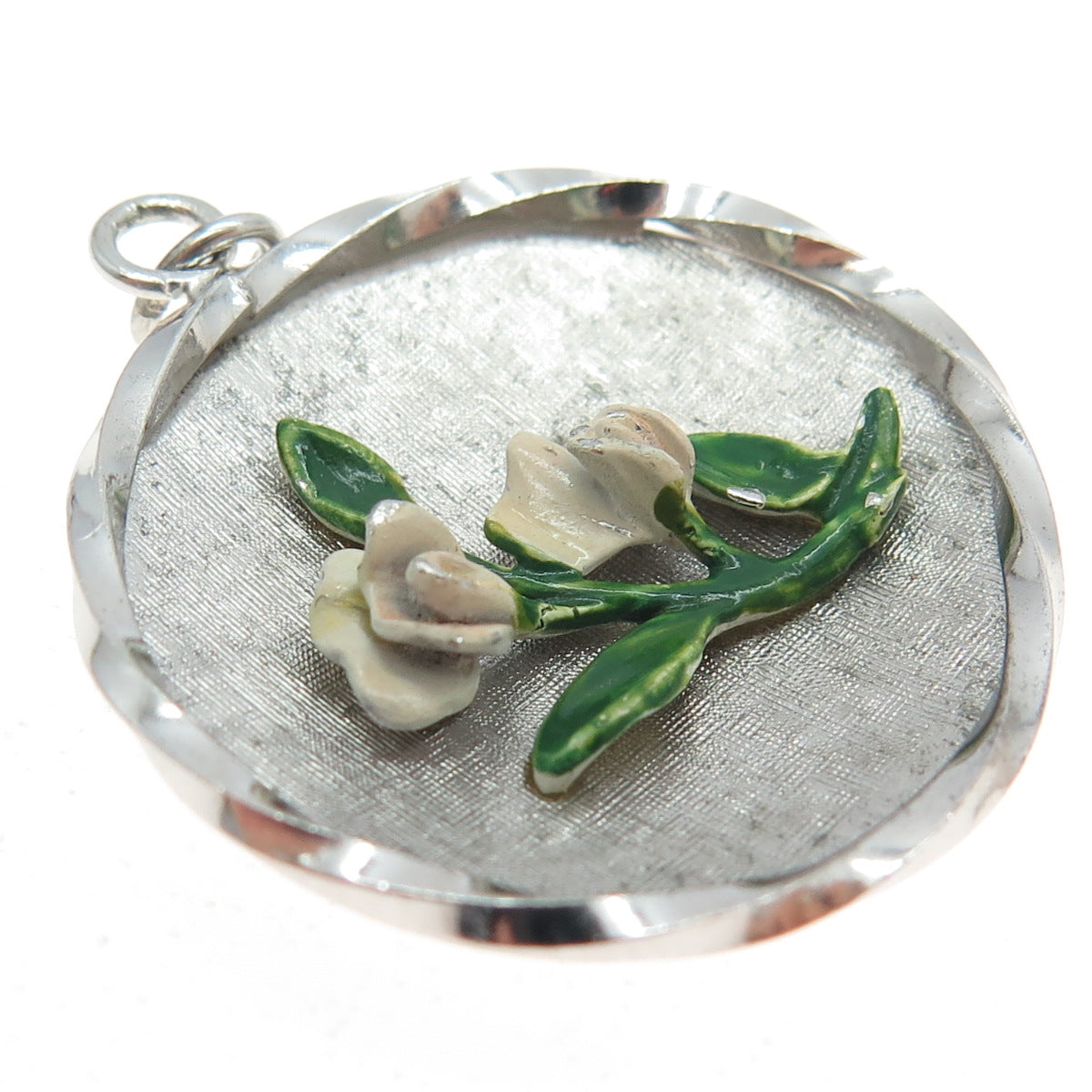 WELLS 925 Sterling Silver Vintage Enamel Flower Round Pendant