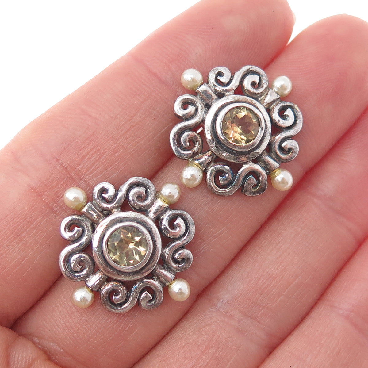925 Sterling Silver Vintage Faux Pearl & Real Citrine Swirl Oxidized Earrings