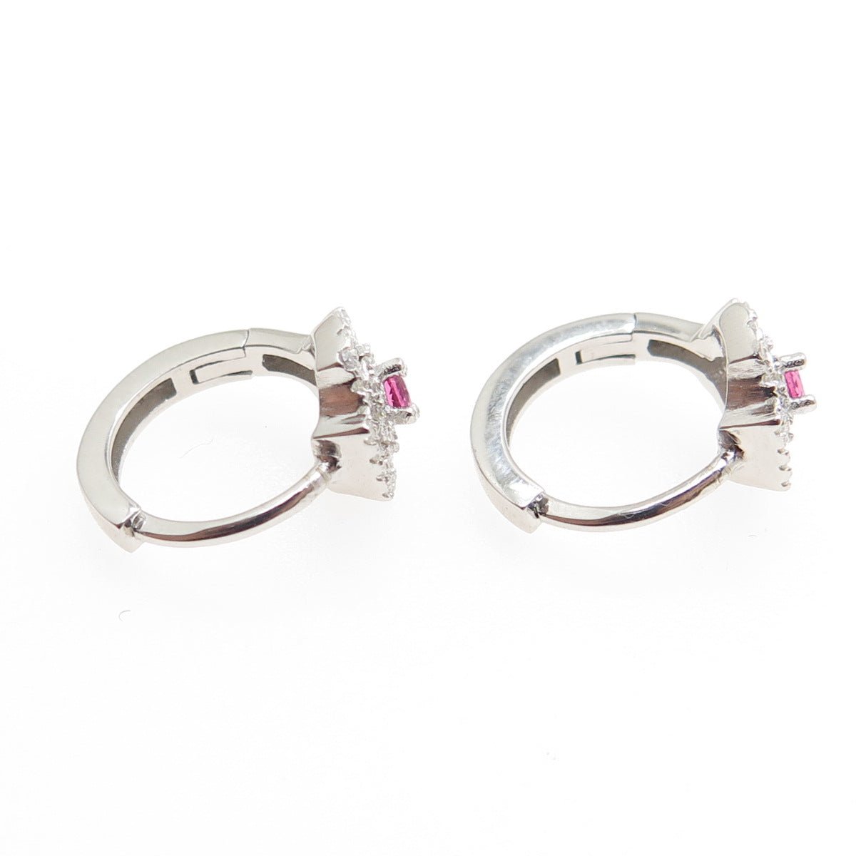 925 Sterling Silver Pink & White Round-Cut Shaped C Z Cross Hoop Earrings