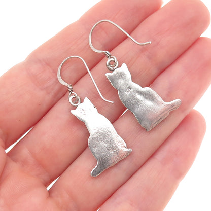 925 Sterling Silver Vintage Cat Oxidized Dangle Earrings