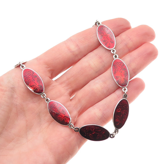925 Sterling Silver Antique Art Deco Enamel Rose Floral Chain Necklace 16"
