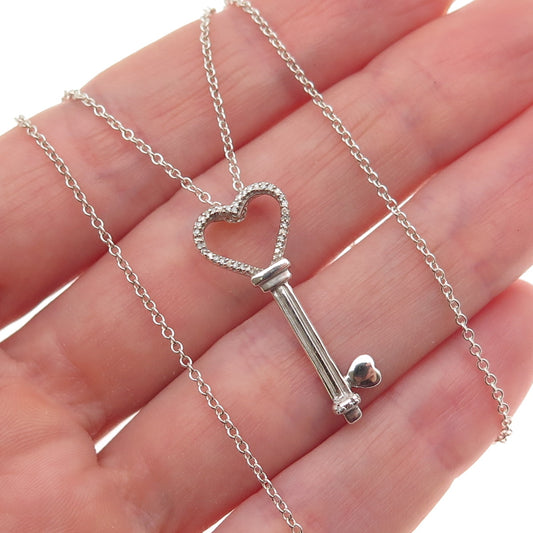 Charles Winston Sterling Silver Real Diamond Heart Key Cable Chain Necklace 18"