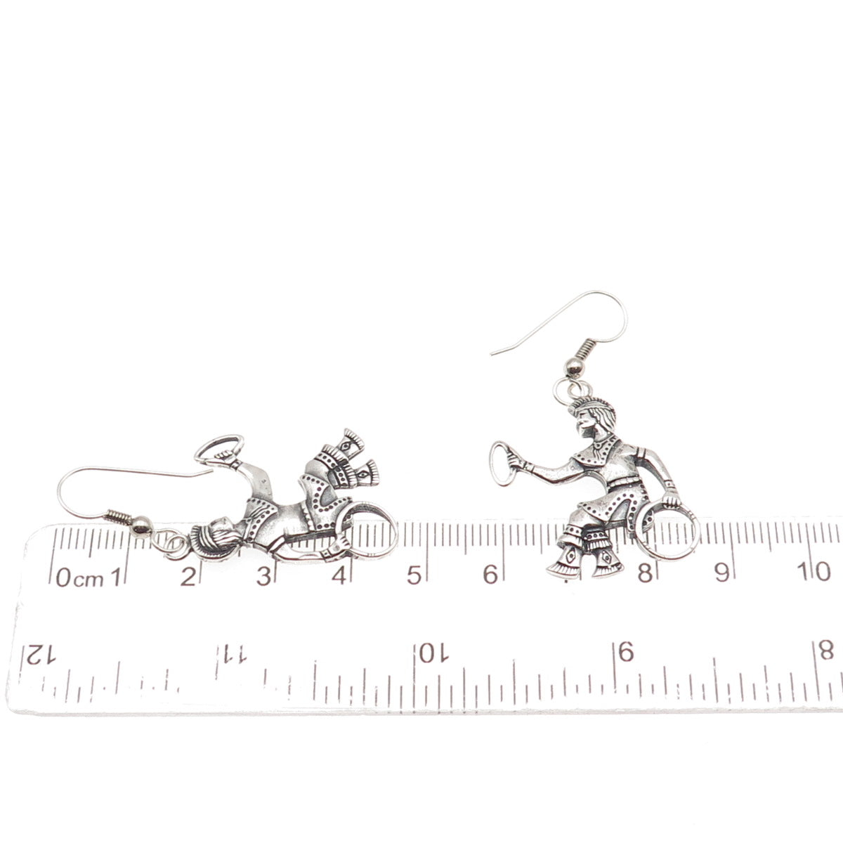 925 Sterling Silver Vintage Mayan Hoop Game Playing Men Oxidized Dangle Earrings