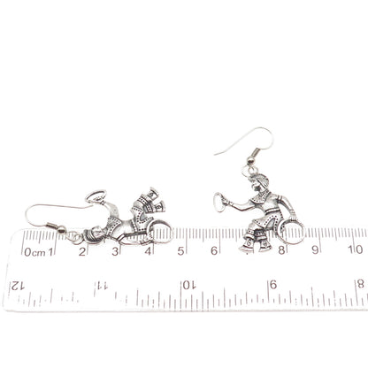 925 Sterling Silver Vintage Mayan Hoop Game Playing Men Oxidized Dangle Earrings