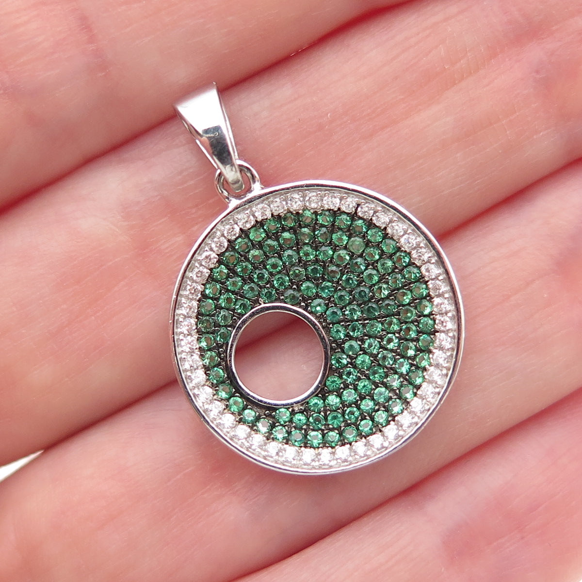 925 Sterling Silver Real Round-Cut Chrome Diopside & C Z Crescent Charm Pendant