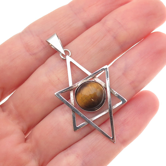 925 Sterling Silver Vintage Real Tiger Eye Star of David Oxidized Charm Pendant