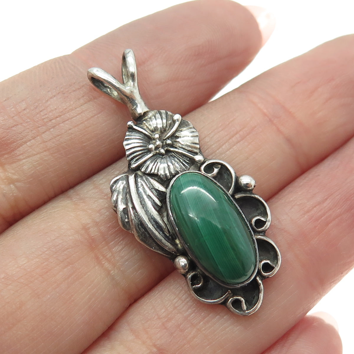 CAROL FELLEY Sterling Silver Vintage 1994 Real Malachite Floral Feather Pendant